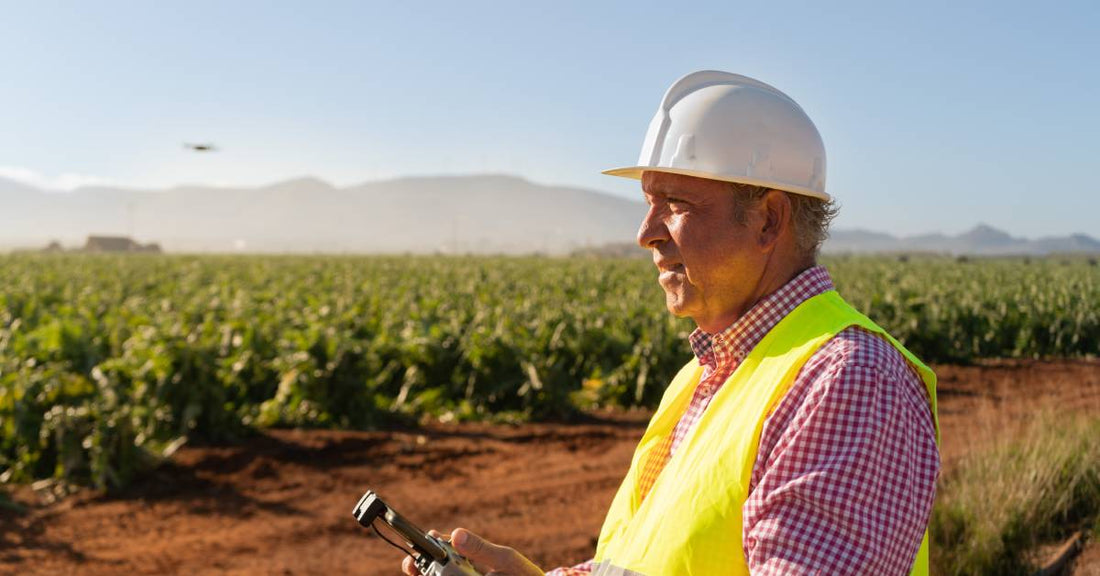 A professional looking man in a helmet in the middle of a crop field operating a drone that is flying in the background.