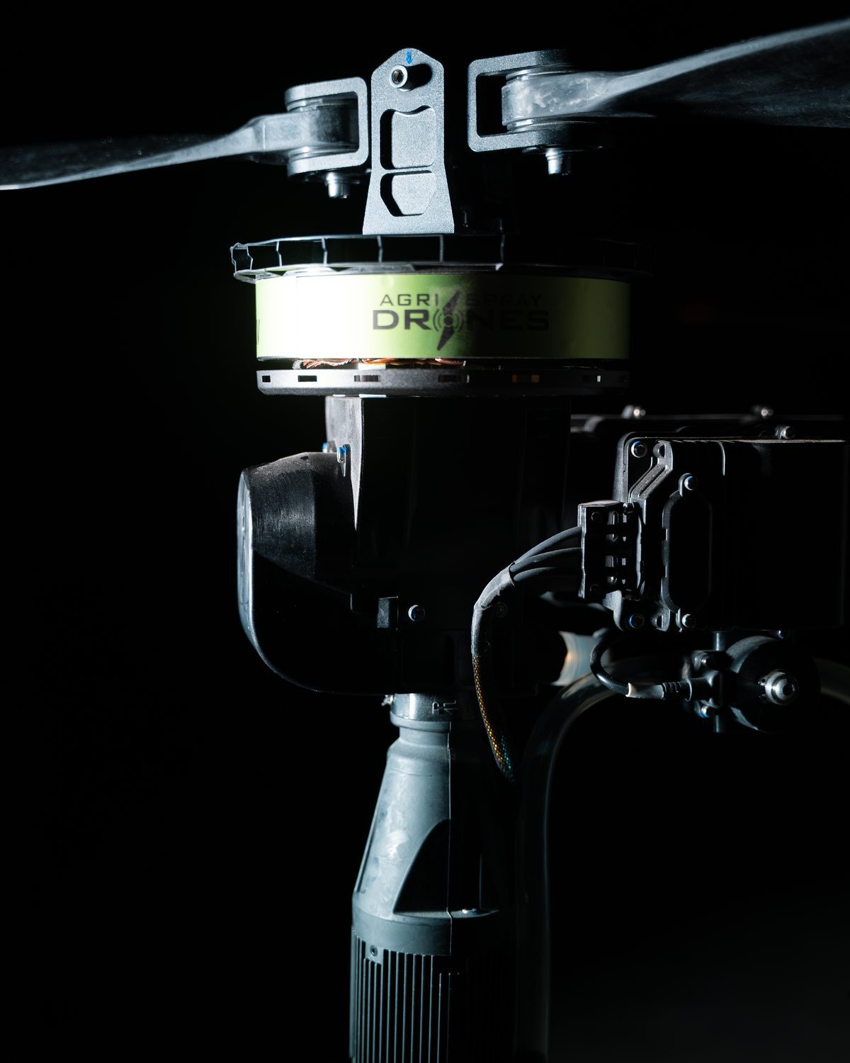 Close-up of an Agri Spray Drones motor and propeller on the AGRI 225